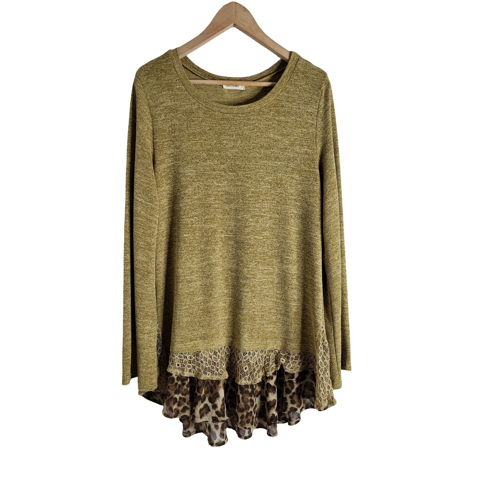 ANDTHEWHY Olive Green Marl Layered Tunic Top Leopard Print Lace Hem Earthy Boho